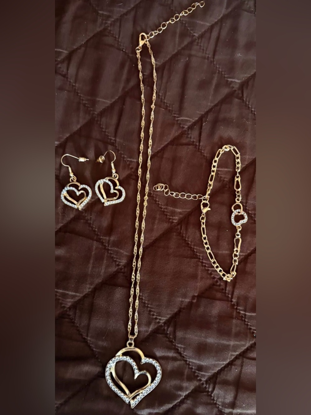 Gold Tone Heart Jewelry Set - Necklace, Bracelet & Earrings